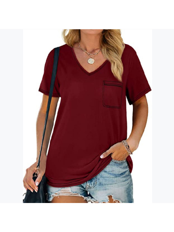 Womens Casual Pocket Short Sleeve V Neck Blouse Pullover Summer Shirts Tee Tops