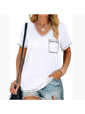 Womens Casual Pocket Short Sleeve V Neck Blouse Pullover Summer Shirts Tee Tops