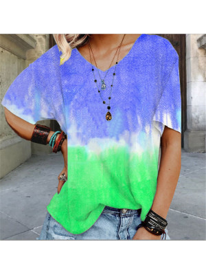 Ladies V Neck Short Sleeve Tops Loose Tie Dye T-Shirt Blouse Summer Tee Pullover