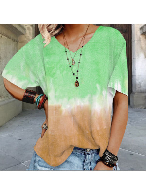 Ladies V Neck Short Sleeve Tops Loose Tie Dye T-Shirt Blouse Summer Tee Pullover