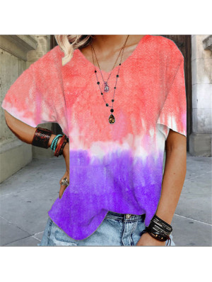 Ladies V Neck Short Sleeve Tops Loose Tie Dye T-Shirt Blouse Summer Tee Pullover