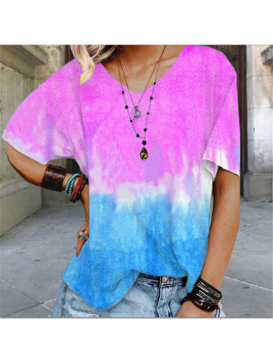 Ladies V Neck Short Sleeve Tops Loose Tie Dye T-Shirt Blouse Summer Tee Pullover