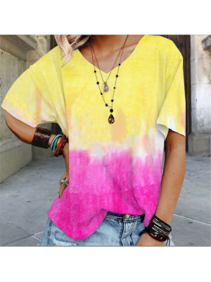 Ladies V Neck Short Sleeve Tops Loose Tie Dye T-Shirt Blouse Summer Tee Pullover