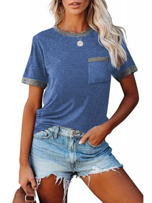 Womens Round Neck Short Sleeve T-Shirt Ladies Summer Tee Pocket Blouse Tops