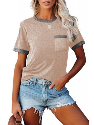 Womens Round Neck Short Sleeve T-Shirt Ladies Summer Tee Pocket Blouse Tops