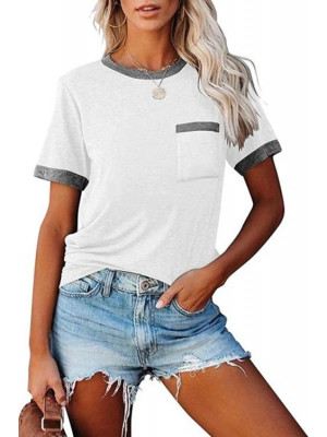 Womens Round Neck Short Sleeve T-Shirt Ladies Summer Tee Pocket Blouse Tops