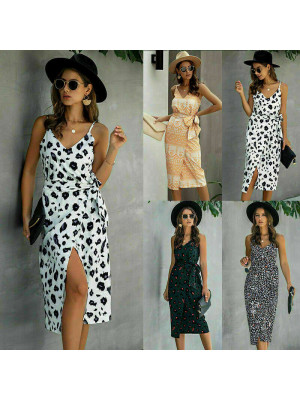 Womens Leopard Bandage Sling Dress Ladies Summer Beach Holiday Midi Sundress