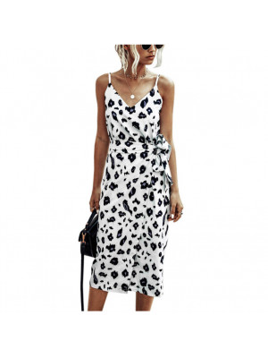 Womens Leopard Bandage Sling Dress Ladies Summer Beach Holiday Midi Sundress