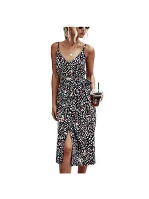 Womens Leopard Bandage Sling Dress Ladies Summer Beach Holiday Midi Sundress