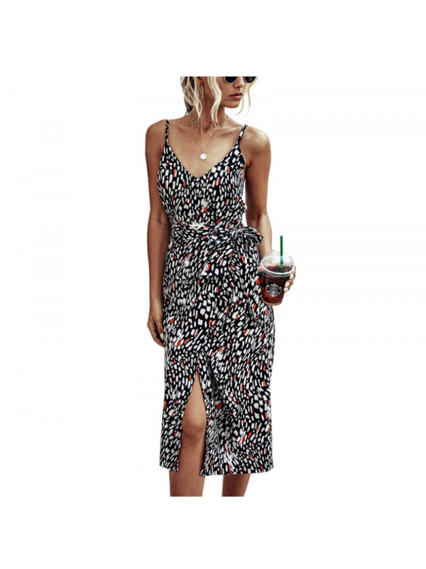 Womens Leopard Bandage Sling Dress Ladies Summer Beach Holiday Midi Sundress