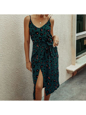 Womens Leopard Bandage Sling Dress Ladies Summer Beach Holiday Midi Sundress