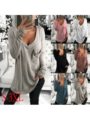 Womens Baggy Deep V Neck Loose Tops Long Sleeve Casual Blouse T Shirt Plus Size