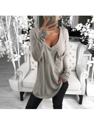 Womens Baggy Deep V Neck Loose Tops Long Sleeve Casual Blouse T Shirt Plus Size