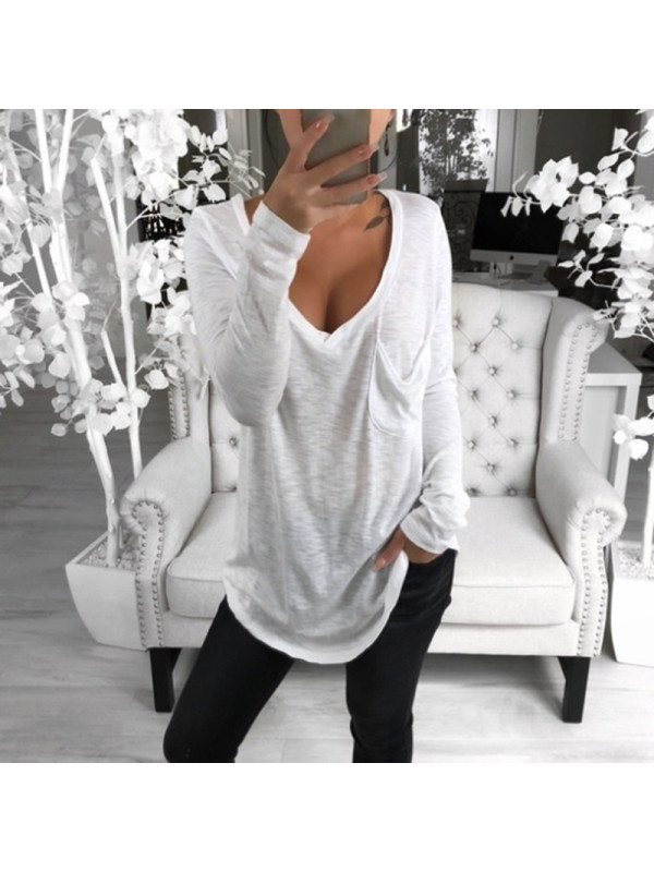 Womens Baggy Deep V Neck Loose Tops Long Sleeve Casual Blouse T Shirt Plus Size