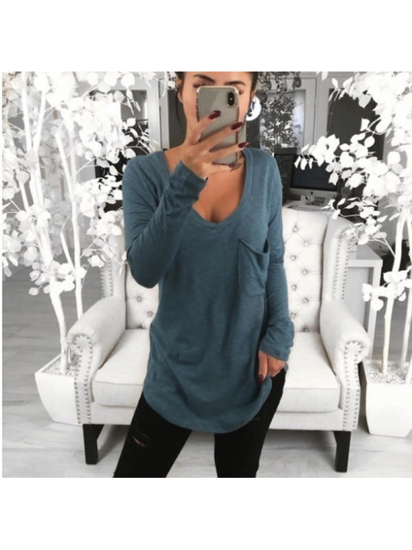 Womens Baggy Deep V Neck Loose Tops Long Sleeve Casual Blouse T Shirt Plus Size