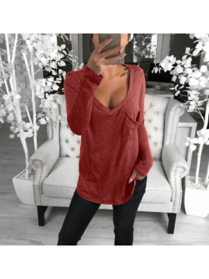 Womens Baggy Deep V Neck Loose Tops Long Sleeve Casual Blouse T Shirt Plus Size