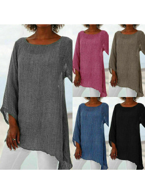 UK Womens Striped O Neck Baggy Blouse Ladies Cotton Linen Tunic Tops Plus Size