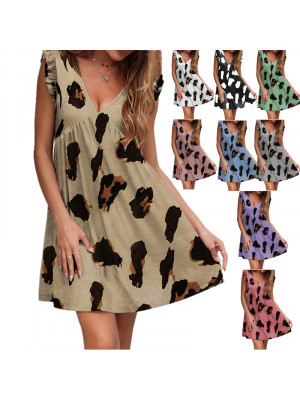 Womens Sleeveless Leopard Dress Ladies Print Loose Casual V Neck Mini Sundress