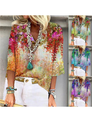 Plus Size Womens Boho Short Sleeve Ladies Blouse Print Shirt Casual V-Neck Tops