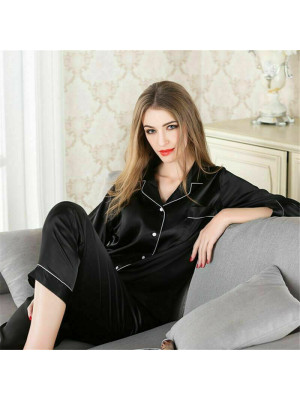 Womens Satin Pyjamas Ladies PJs Silk Long Sleeve Soft Sleepwear Nightwear Set UK