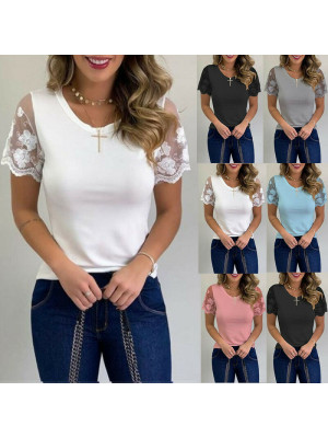 Plus Size Womens V-Neck Lace Tops T-Shirt Ladies Casual Solid Basic Tee Blouse