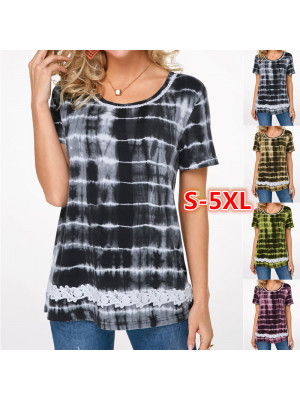 Womens Casual Round Neck Lace T-Shirt Ladies Short Sleeve Tops Print Blouse