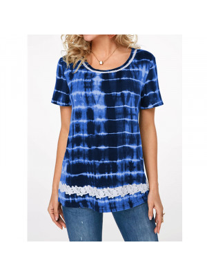 Womens Casual Round Neck Lace T-Shirt Ladies Short Sleeve Tops Print Blouse