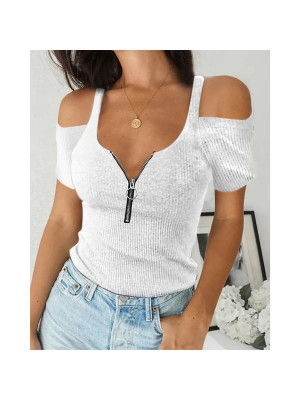 Plus Size Womens Summer Zip Neck T Shirt Ladies Cold Shoulder Sexy Tops Blouse