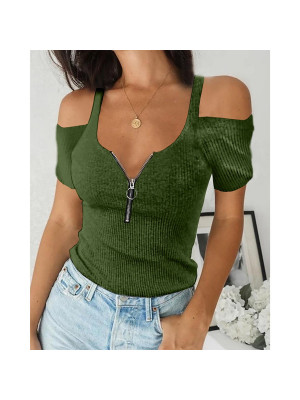 Plus Size Womens Summer Zip Neck T Shirt Ladies Cold Shoulder Sexy Tops Blouse