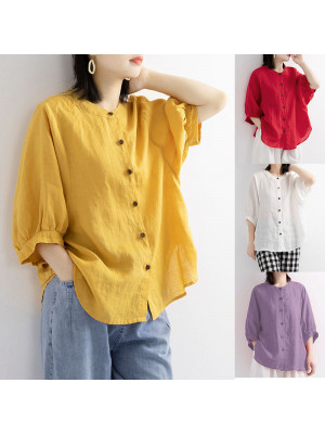 Womens Casual Cotton Linen Plain Button Tops Ladies Loose Summer T-shirt Blouse