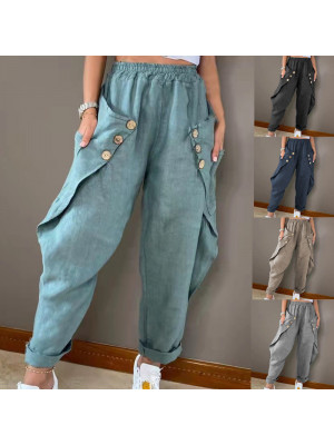 Womens Summer Cotton Linen Baggy Casual Harem Pants Lady Trousers Button Pocket