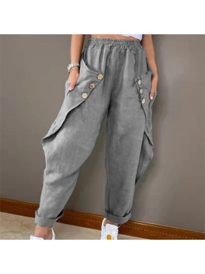 Womens Summer Cotton Linen Baggy Casual Harem Pants Lady Trousers Button Pocket