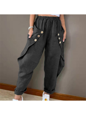 Womens Summer Cotton Linen Baggy Casual Harem Pants Lady Trousers Button Pocket