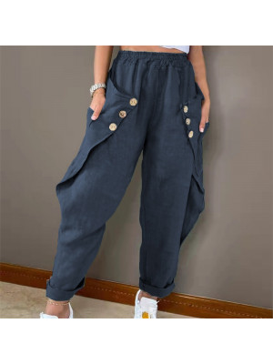 Womens Summer Cotton Linen Baggy Casual Harem Pants Lady Trousers Button Pocket