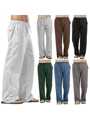  Mens Casual Linen Pockets Yoga Pants Solid Drawstring Loose Straight Trousers