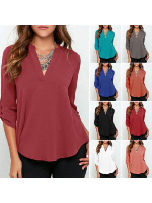 Plus Size Womens Ladies V-Neck Loose Chiffon Shirt Long Sleeve Work Tops Blouse