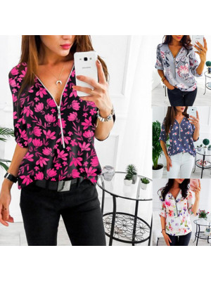 Womens Zip V Neck Baggy T Shirt Ladies Long Sleeve Floral Tops Blouse Plus Size