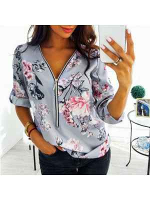 Womens Zip V Neck Baggy T Shirt Ladies Long Sleeve Floral Tops Blouse Plus Size