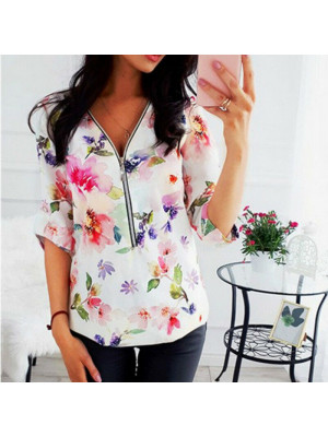 Womens Zip V Neck Baggy T Shirt Ladies Long Sleeve Floral Tops Blouse Plus Size