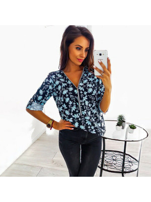 Womens Zip V Neck Baggy T Shirt Ladies Long Sleeve Floral Tops Blouse Plus Size