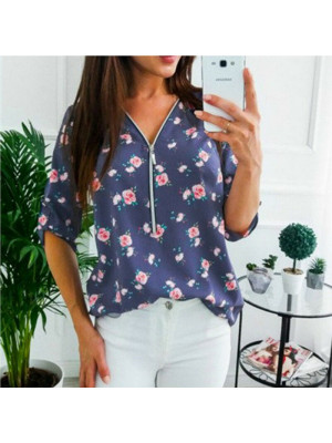 Womens Zip V Neck Baggy T Shirt Ladies Long Sleeve Floral Tops Blouse Plus Size