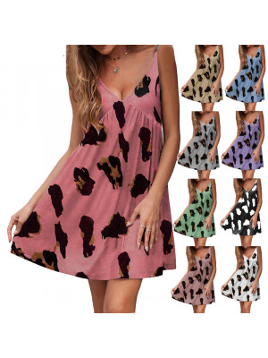 Womens V Neck Leopard Print Sling Dress Ladies Casual Sleeveless Mini Sundress