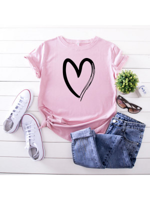 Womens Summer Casual Crew Neck T Shirts Blouse Ladies Heart Print Basic Tee Tops