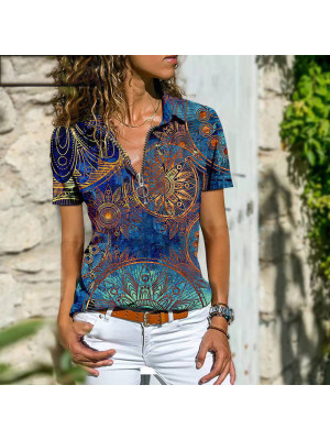 Plus Size Womens  V Neck Zip Blouse Tops Ladies Print T Shirt Short Sleeve Tee