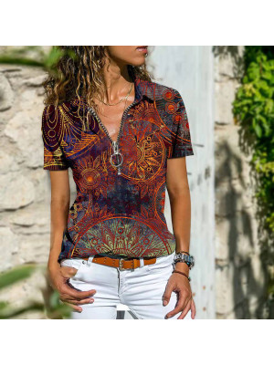 Plus Size Womens  V Neck Zip Blouse Tops Ladies Print T Shirt Short Sleeve Tee