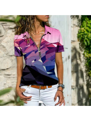 Plus Size Womens  V Neck Zip Blouse Tops Ladies Print T Shirt Short Sleeve Tee