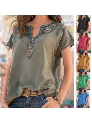 Womens Short Sleeve V-neck Tops Blouse Ladies Boho Floral T Shirt Plus Size