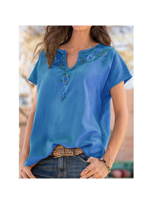 Womens Short Sleeve V-neck Tops Blouse Ladies Boho Floral T Shirt Plus Size