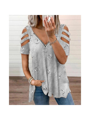 Womens Cold Shoulder Floral T Shirt Ladies Zip V-Neck Tops Tee Blouse Plus Size