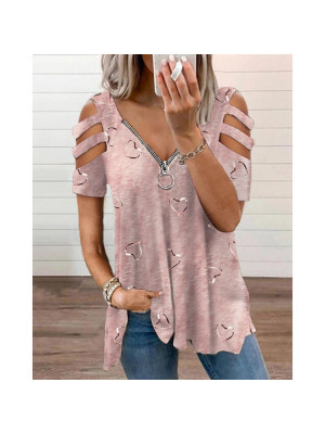 Womens Cold Shoulder Floral T Shirt Ladies Zip V-Neck Tops Tee Blouse Plus Size